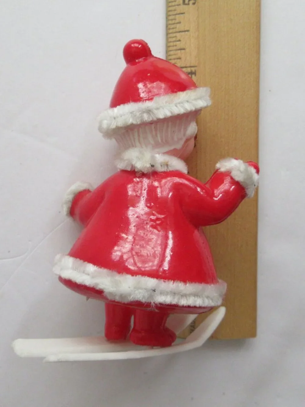 Santa Mrs Claus Skiing Blow Mold Plastic Chenille Piping Trim 4'' Japan Vintage